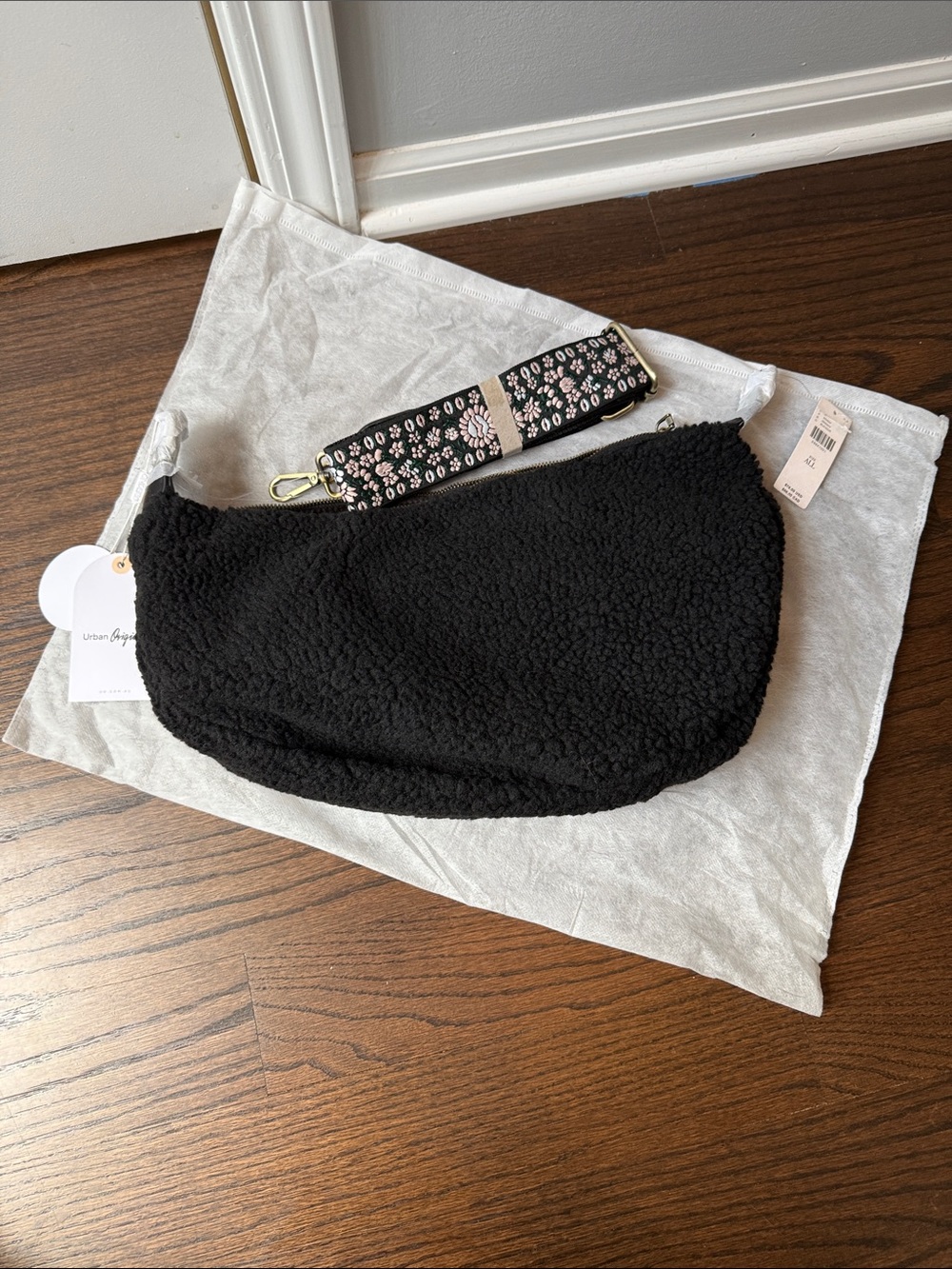 Anthropologie Black Sherpa Shoulder Bag with Floral Strap and black strap NWT